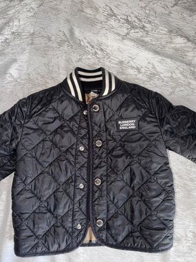 Burberry Black Quilted Bomber Jacket with Striped Rib Collar
